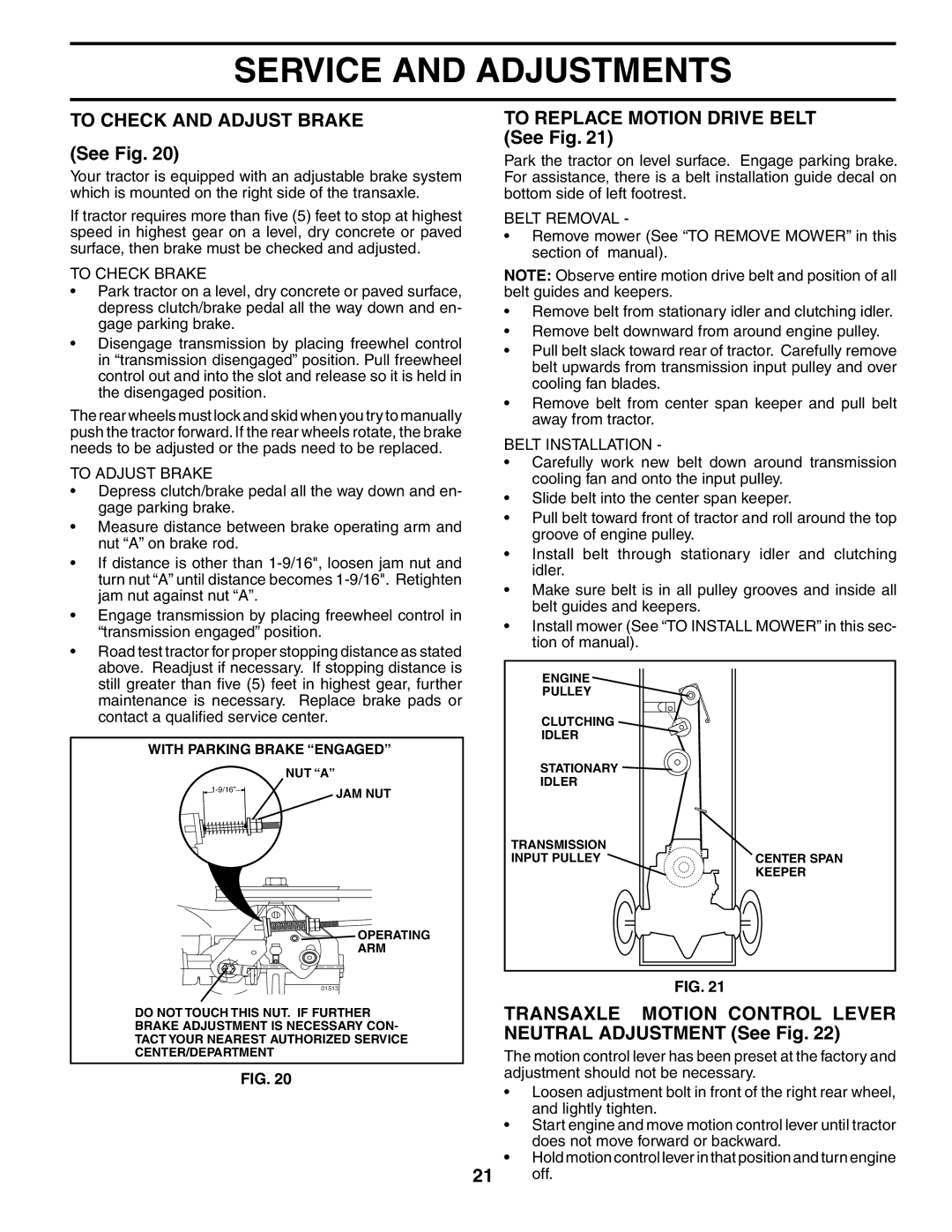 Poulan HD21H42 manual To Check and Adjust Brake, To Replace Motion Drive Belt See Fig 