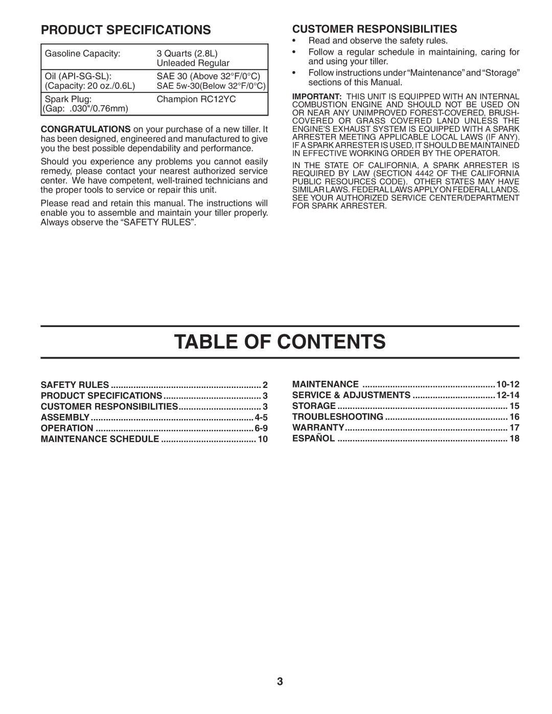 Poulan HDF550 manual Table of Contents 