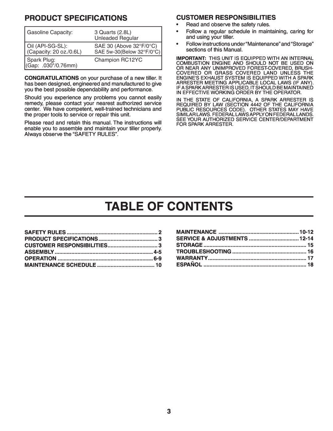 Poulan HDF550 manual Table Of Contents, Product Specifications, Customer Responsibilities, 10-12, 12-14 