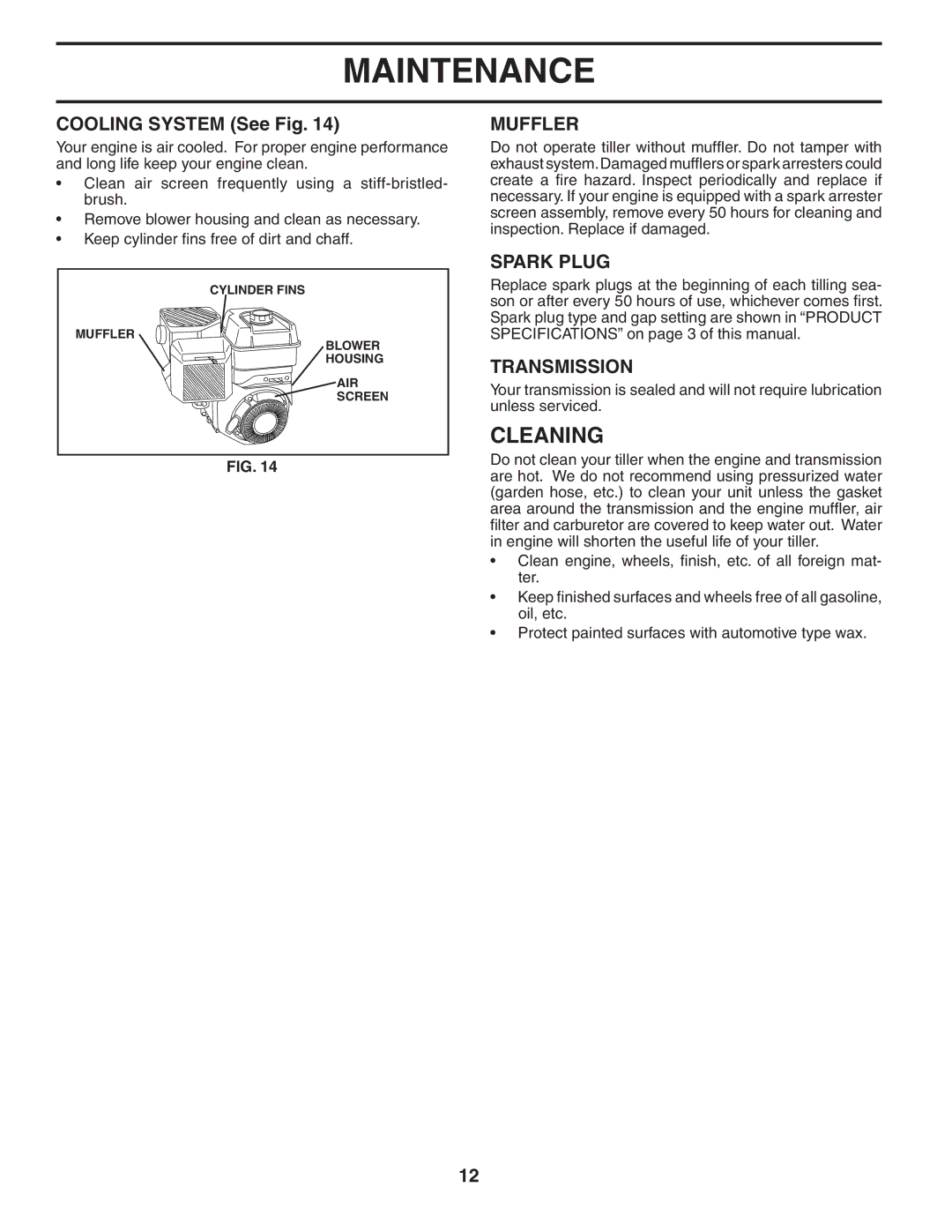 Poulan HDF550L owner manual Cleaning, Cooling System See Fig, Muffler, Spark Plug, Transmission 