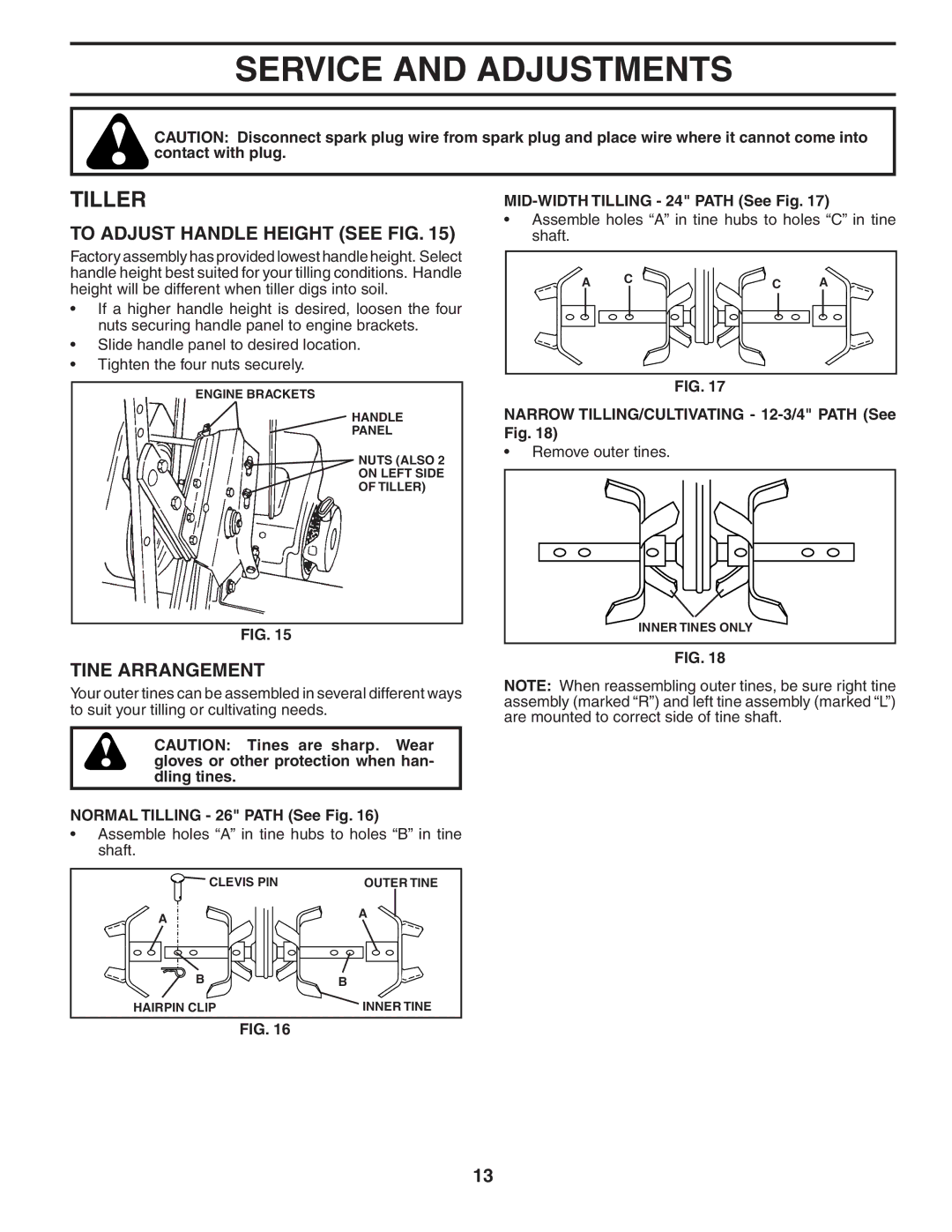 Poulan HDF550L owner manual Service and Adjustments, Tiller, To Adjust Handle Height see FIG, Tine Arrangement 