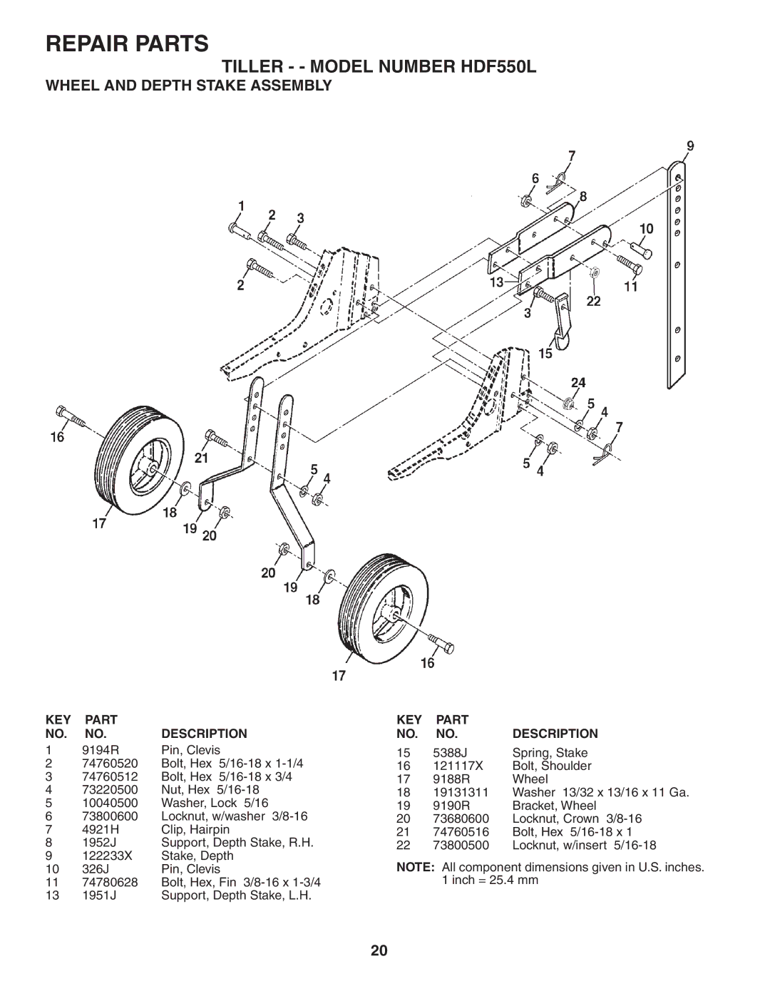 Poulan HDF550L owner manual Wheel and Depth Stake Assembly, 9194R Pin, Clevis 