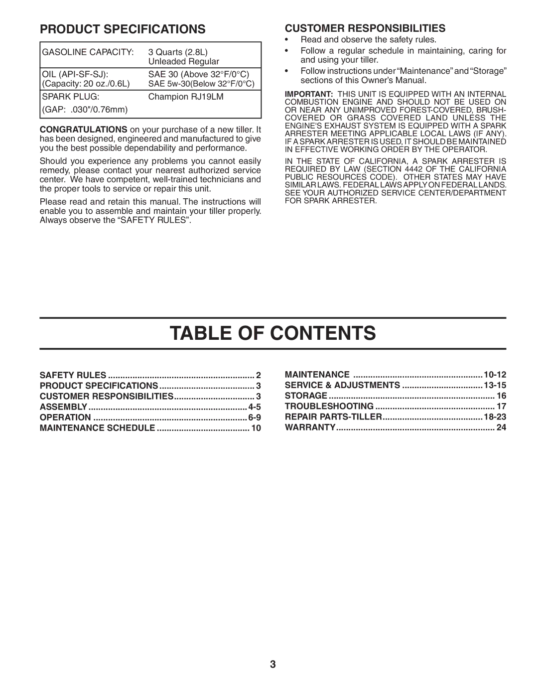 Poulan HDF550L owner manual Table of Contents 