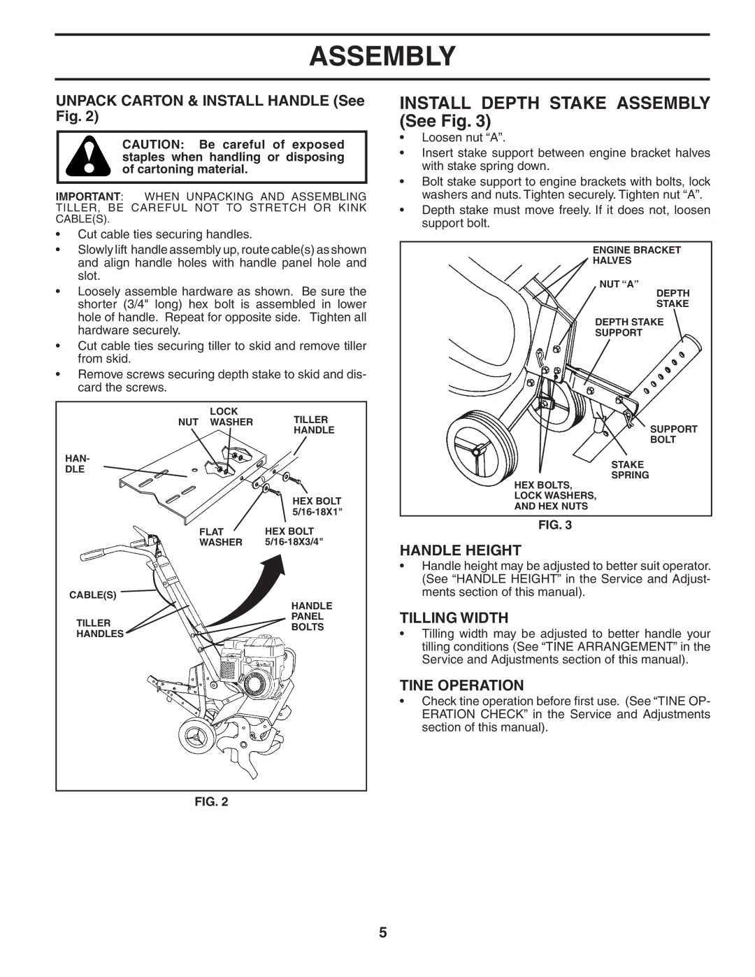 Poulan HDF550L owner manual Unpack Carton & Install Handle See Fig, Handle Height, Tilling Width, Tine Operation 