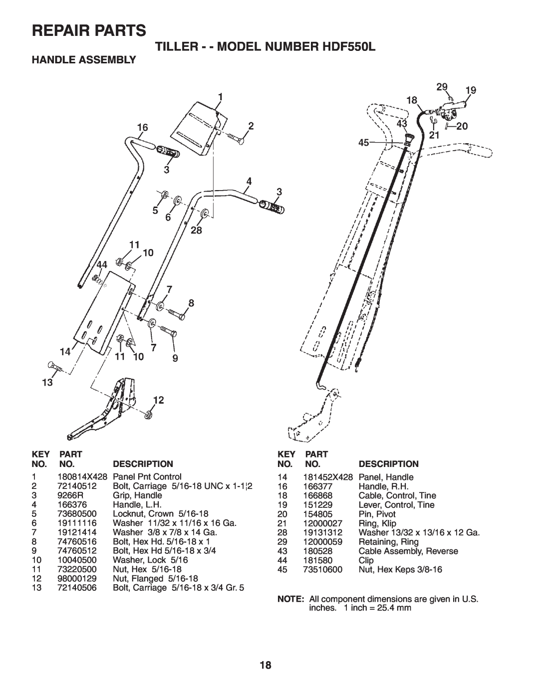 Poulan owner manual Repair Parts, TILLER - - MODEL NUMBER HDF550L, Handle Assembly, Description 