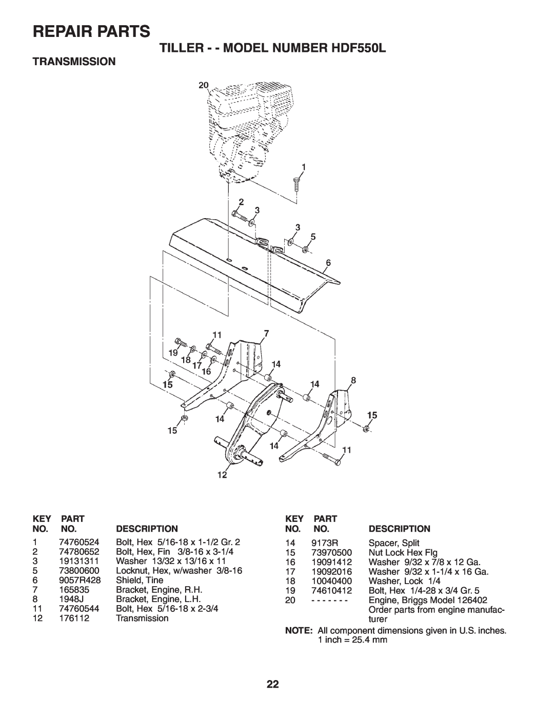 Poulan owner manual 9173R, Spacer, Split, Repair Parts, TILLER - - MODEL NUMBER HDF550L, Transmission, Description 