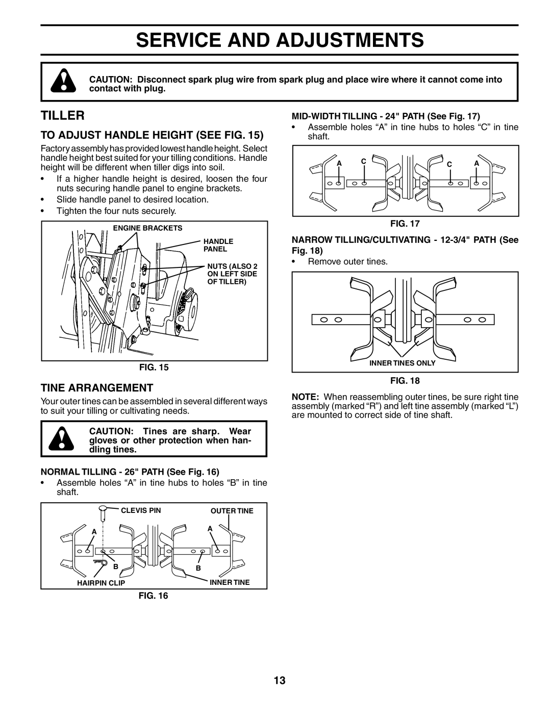 Poulan HDF550M owner manual Service and Adjustments, Tiller, To Adjust Handle Height see FIG, Tine Arrangement 