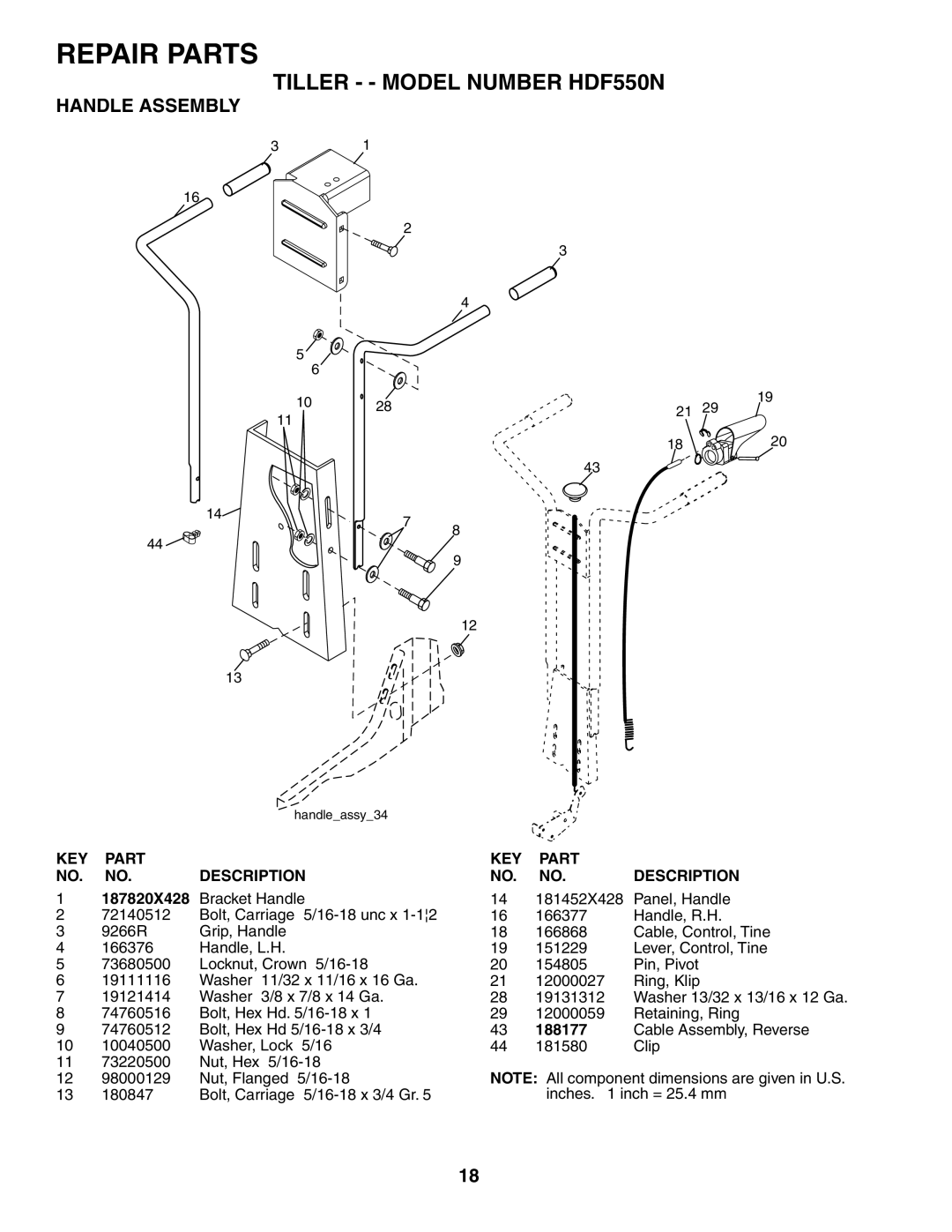 Poulan owner manual Tiller - Model Number HDF550N, Handle Assembly, KEY Part Description, 187820X428, 188177 