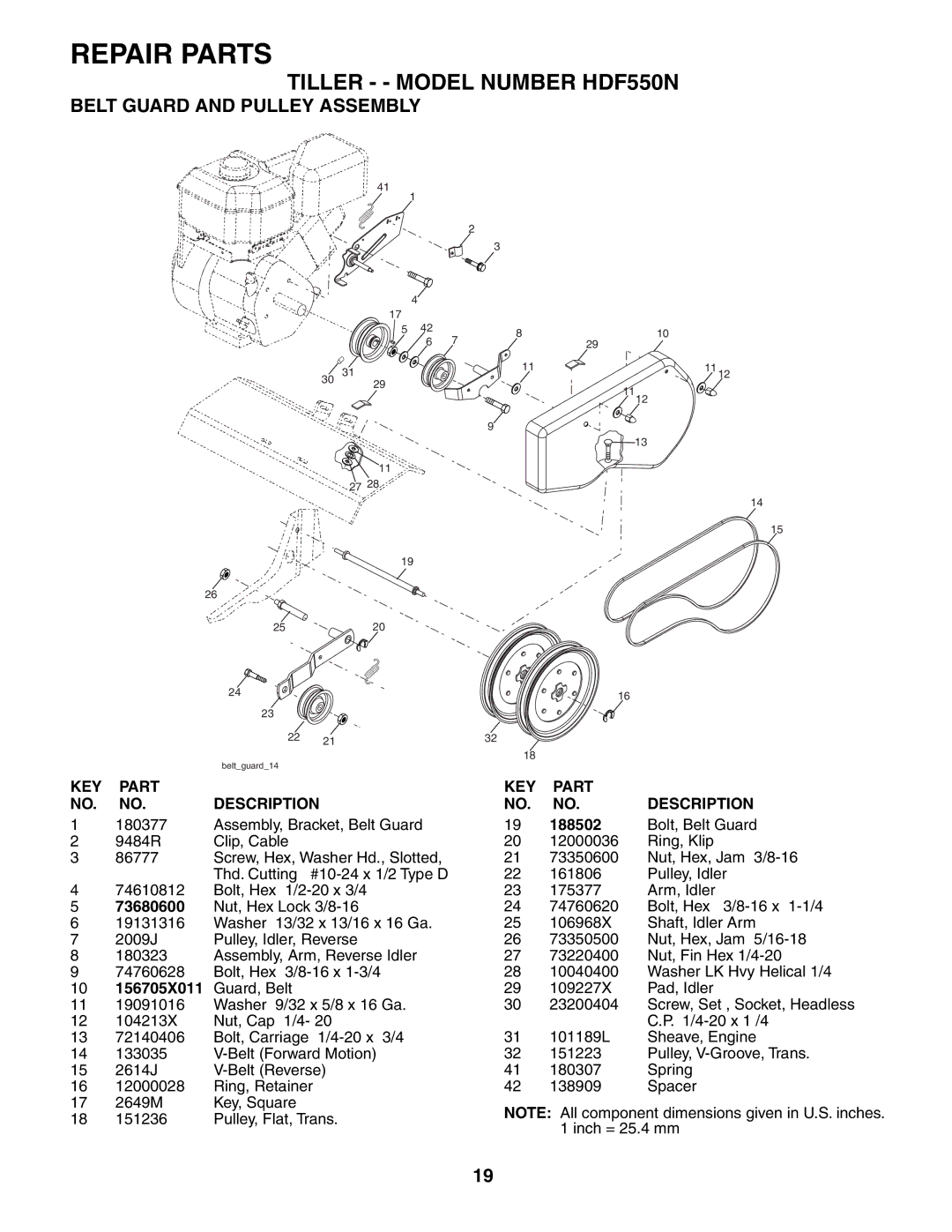 Poulan HDF550N owner manual Belt Guard and Pulley Assembly, 188502, 73680600, 156705X011 