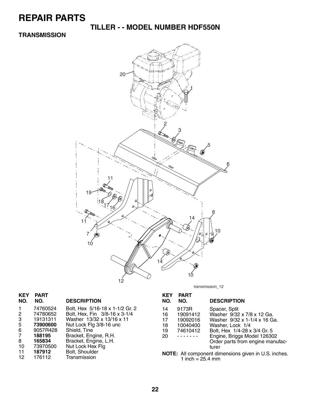 Poulan HDF550N owner manual 73900600, 187912, 9173R Spacer, Split 