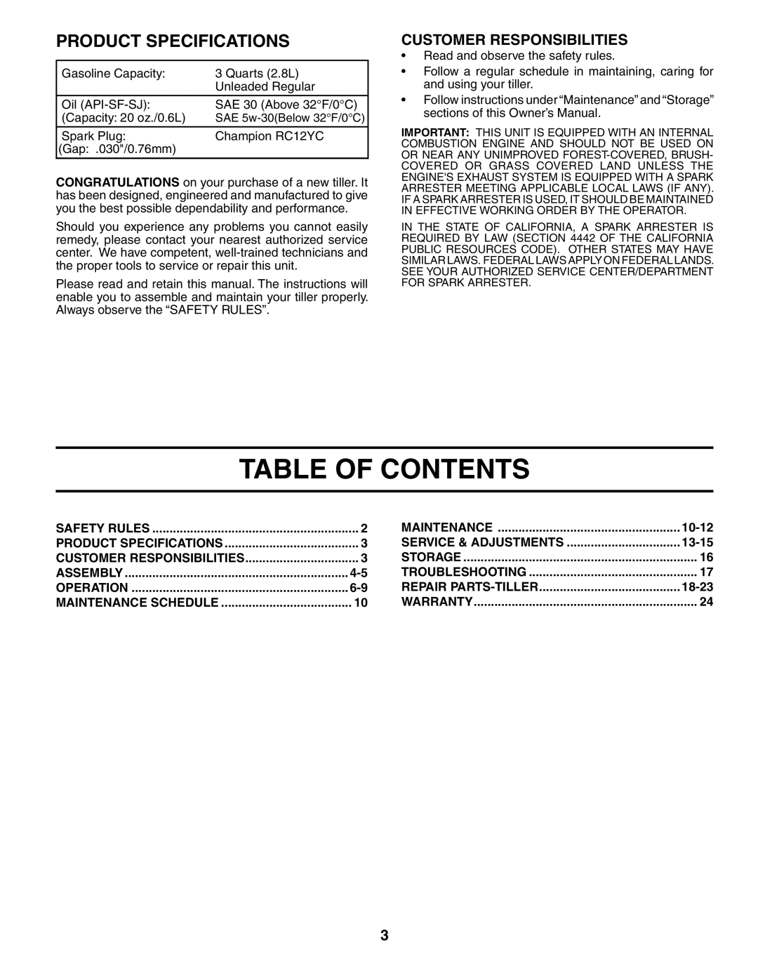 Poulan HDF550N owner manual Table of Contents 