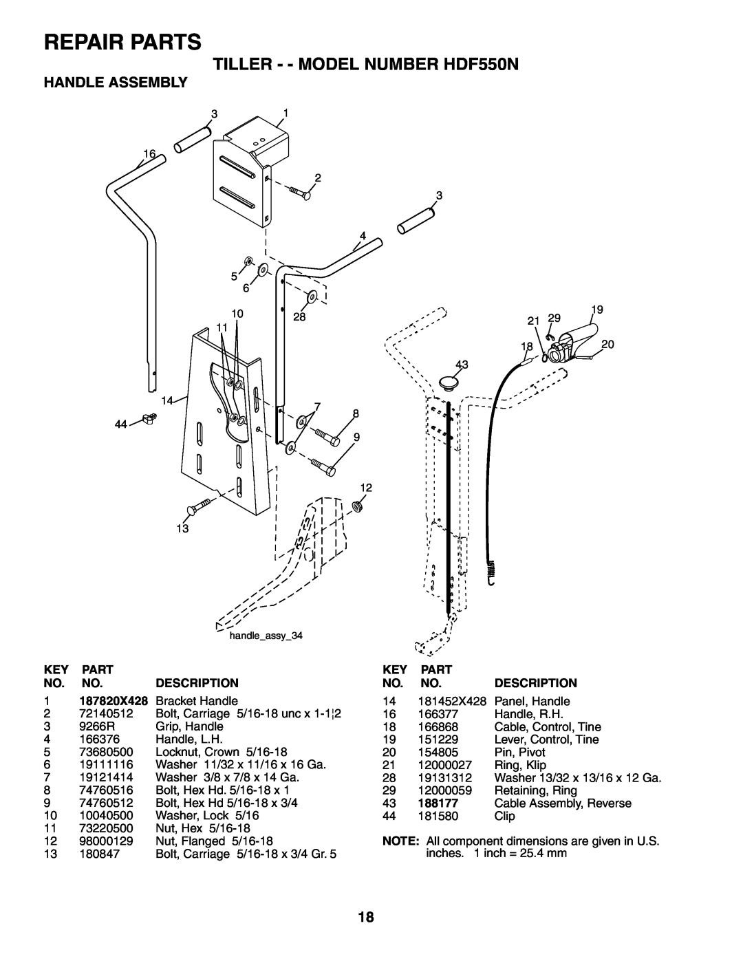Poulan owner manual Repair Parts, TILLER - - MODEL NUMBER HDF550N, Handle Assembly, Description, 187820X428, 188177 