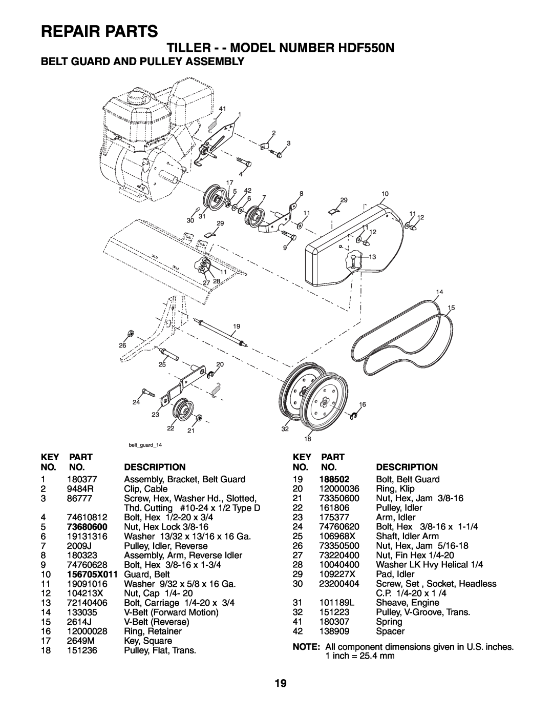 Poulan Belt Guard And Pulley Assembly, Repair Parts, TILLER - - MODEL NUMBER HDF550N, Description, 188502, 73680600 