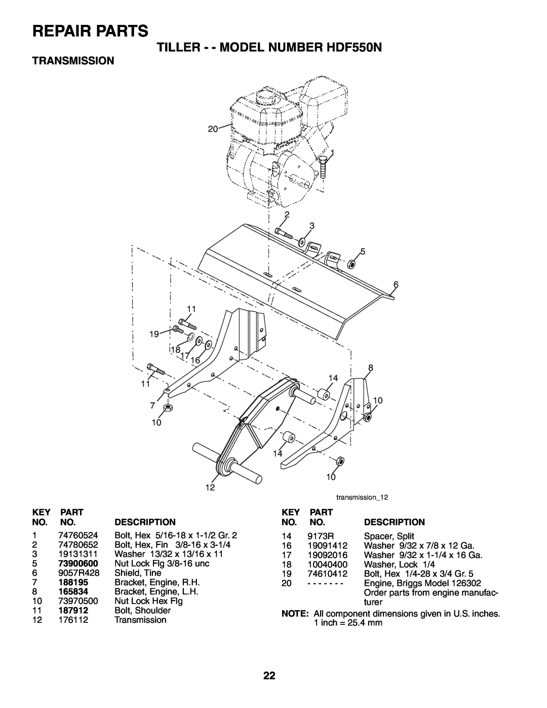 Poulan Repair Parts, TILLER - - MODEL NUMBER HDF550N, Transmission, Description, 73900600, 187912, 9173R, Spacer, Split 
