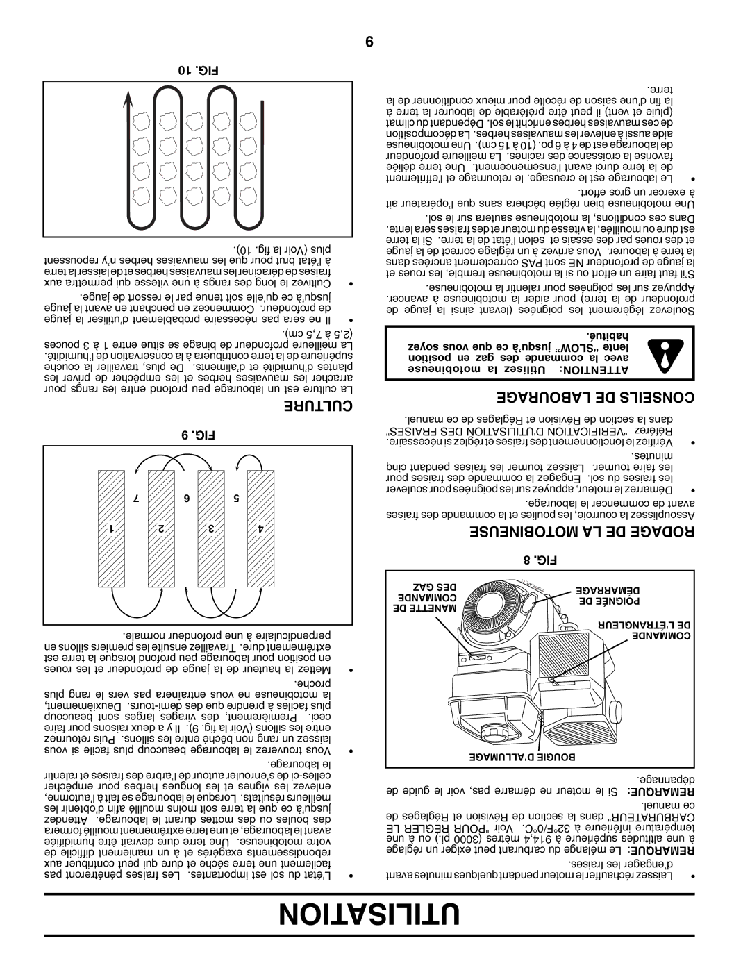 Poulan HDF825 manual Utilisation, Motobineuse LA DE Rodage, Culture, Labourage DE Conseils, 10 .FIG 