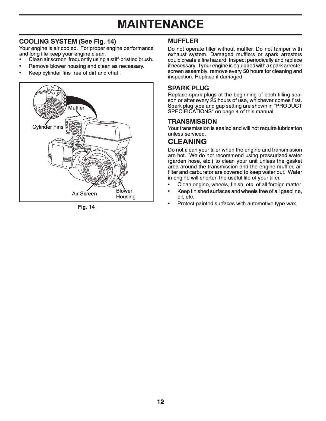 Poulan HDF900 manual Cleaning, COOLING SYSTEM See Fig, Muffler, Spark Plug, Transmission, Maintenance 