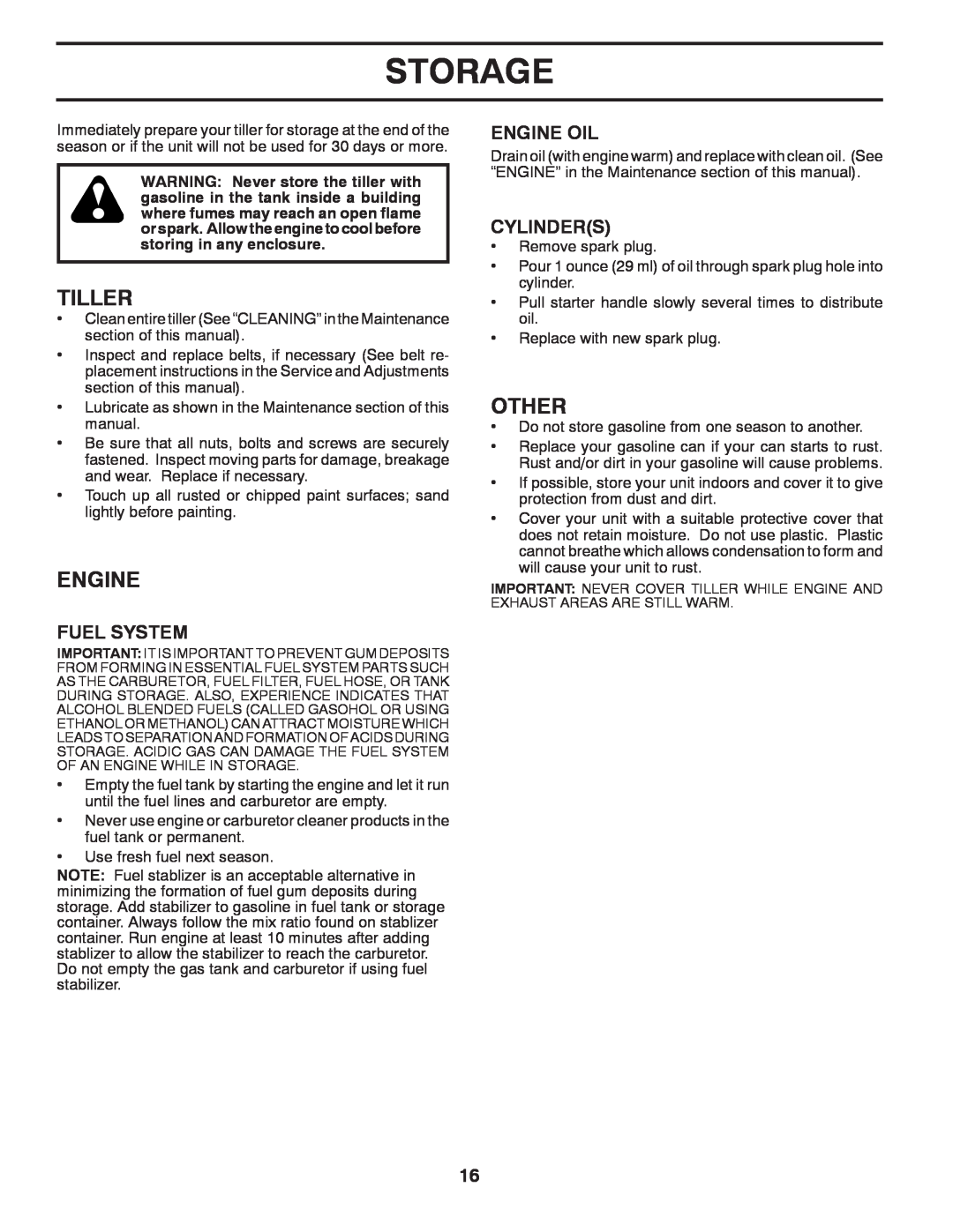 Poulan HDF900 manual Storage, Other, Fuel System, Engine Oil, Cylinders, Tiller 