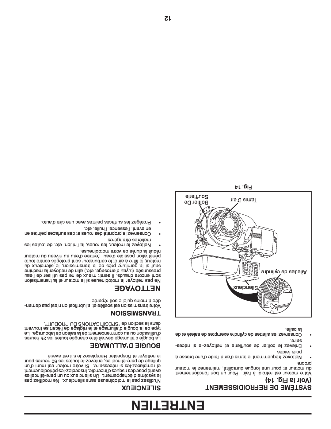 Poulan HDF900 manual Entretien, Nettoyage, D’Allumage Bougie, Fig la Voir, Silencieux, Refroidissement De Système, 14 .Fig 