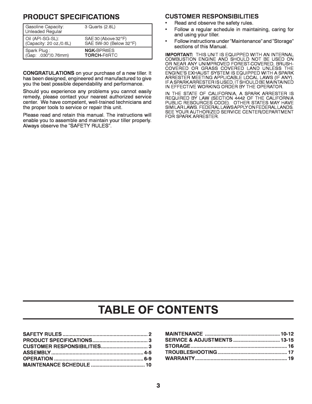 Poulan HDF900 manual Table Of Contents, Product Specifications, Customer Responsibilities, 10-12, 13-15 