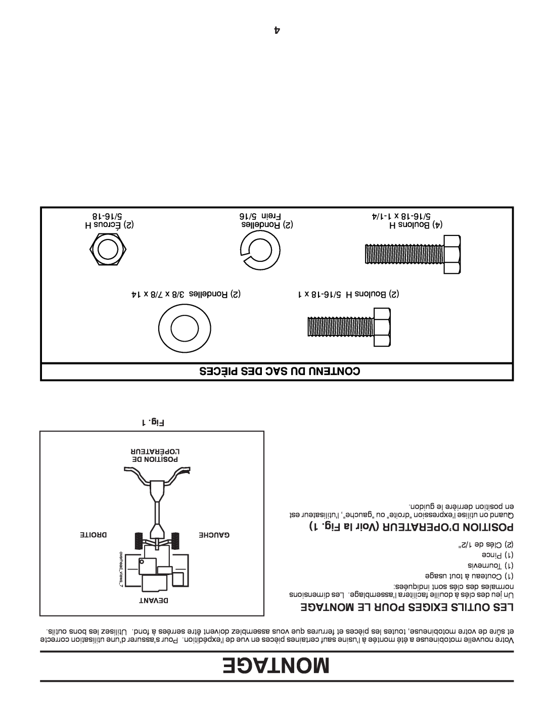 Poulan HDF900 manual Pièces Des Sac Du Contenu, Fig la Voir D’OPERATEUR POSITION, Montage Le Pour Exiges Outils Les, 1 .Fig 