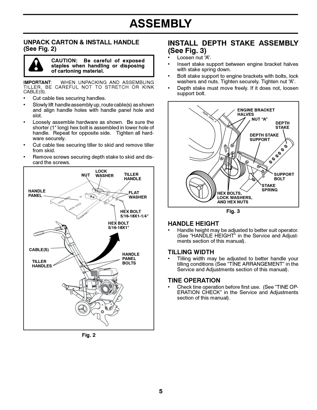 Poulan HDF900 INSTALL DEPTH STAKE ASSEMBLY See Fig, UNPACK CARTON & INSTALL HANDLE See Fig, Handle Height, Tilling Width 