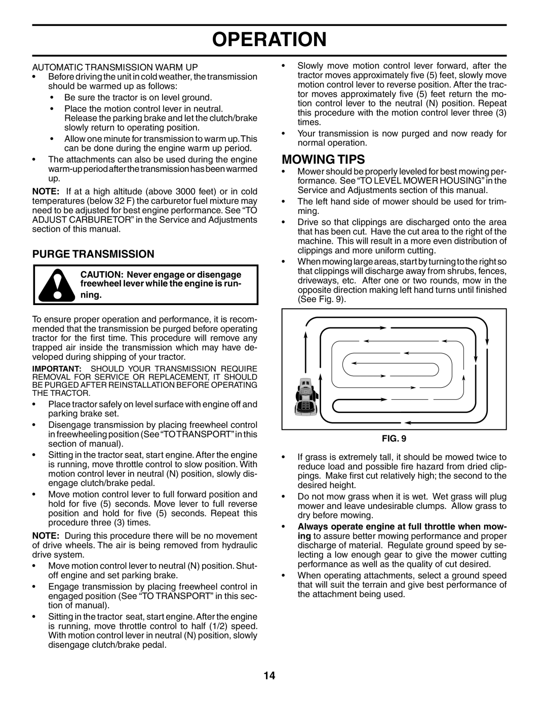 Poulan HDK19H42 manual Mowing Tips, Purge Transmission, Automatic Transmission Warm UP 