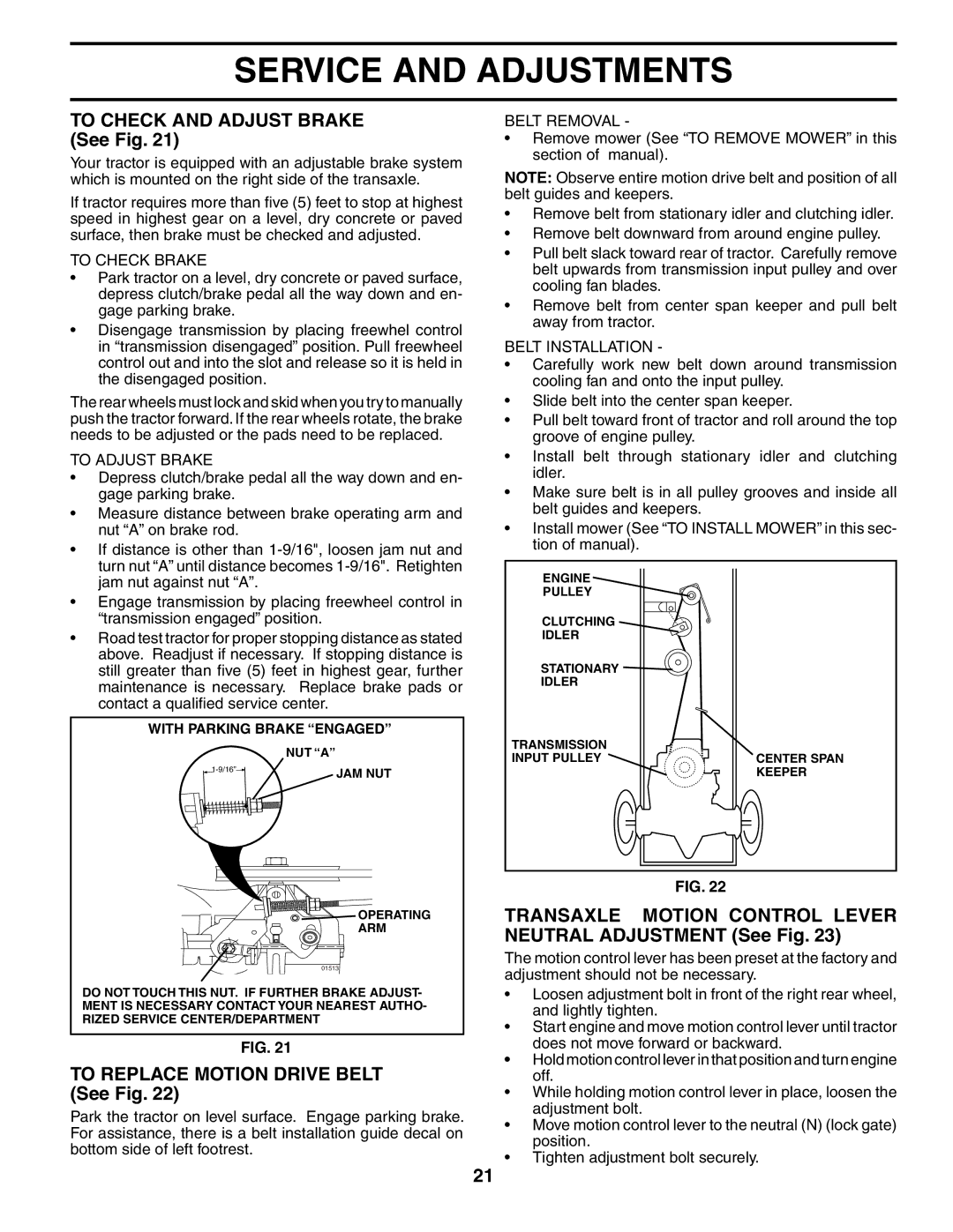 Poulan HDK19H42 To Check and Adjust Brake See Fig, To Replace Motion Drive Belt See Fig, To Check Brake, To Adjust Brake 