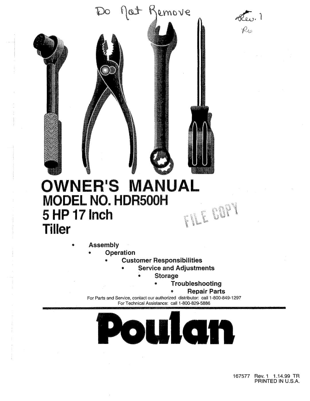 Poulan 167577, HDR500H manual 