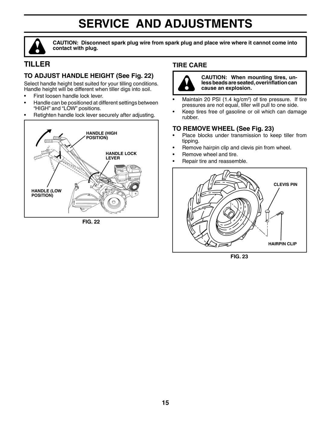 Poulan HDR500L Service and Adjustments, Tiller, To Adjust Handle Height See Fig, Tire Care, To Remove Wheel See Fig 