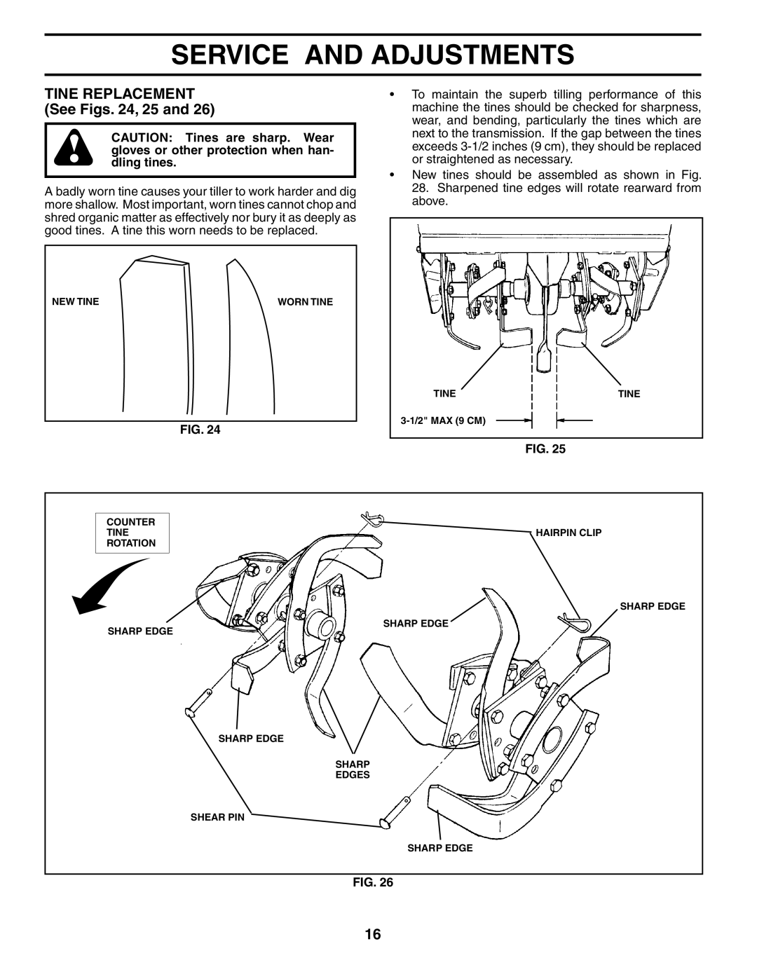 Poulan HDR500L owner manual Tine Replacement See Figs , 25 