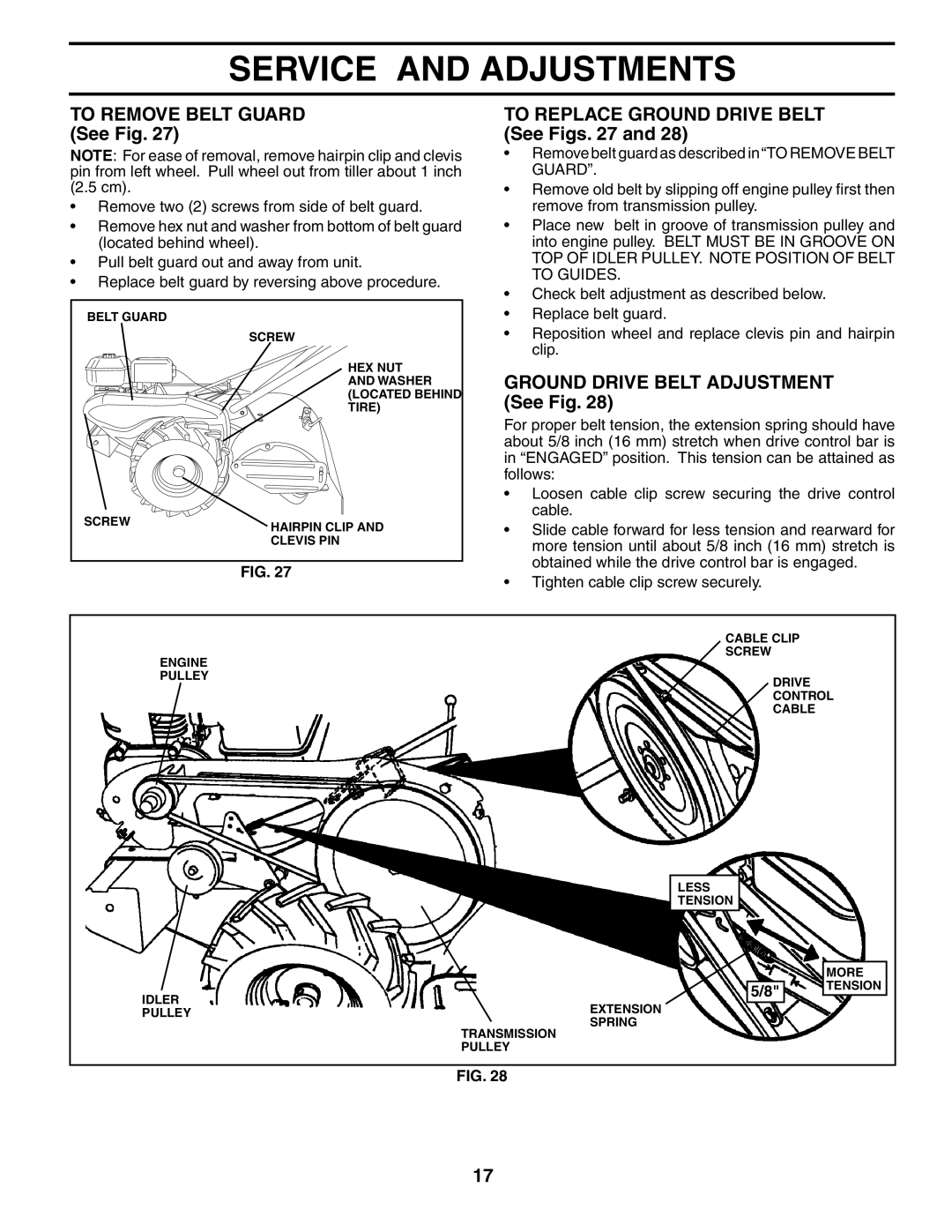 Poulan HDR500L To Remove Belt Guard See Fig, To Replace Ground Drive Belt See Figs, Ground Drive Belt Adjustment See Fig 