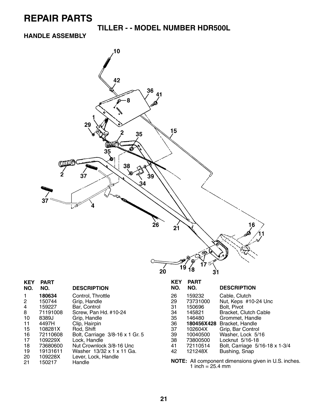 Poulan owner manual Tiller - Model Number HDR500L, Handle Assembly, 180634, 180456X428 