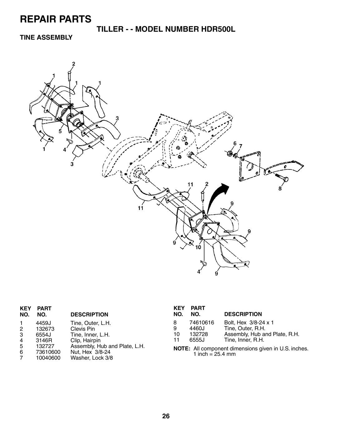 Poulan HDR500L owner manual Tine Assembly 