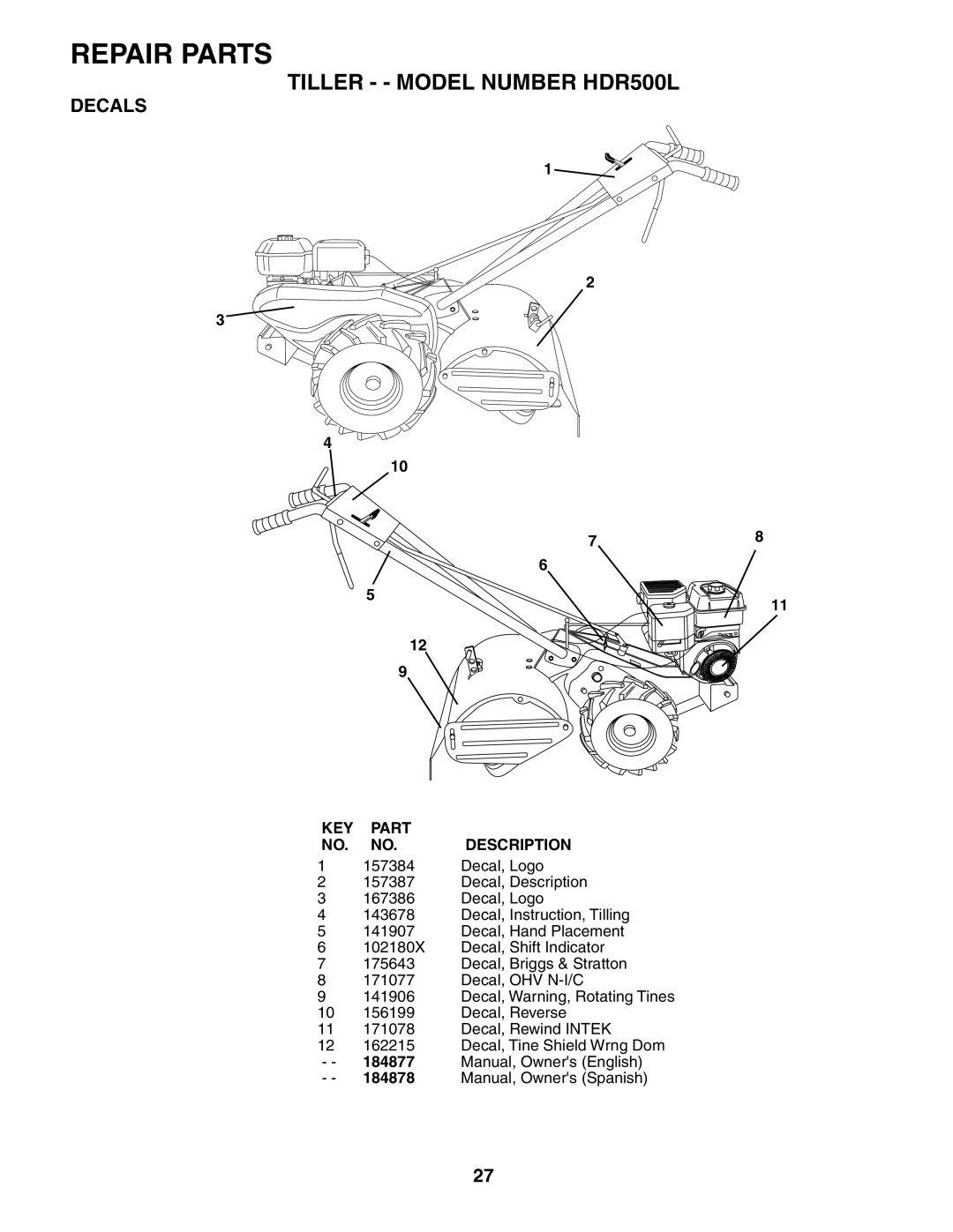 Poulan HDR500L owner manual Decals, 184877, 184878 