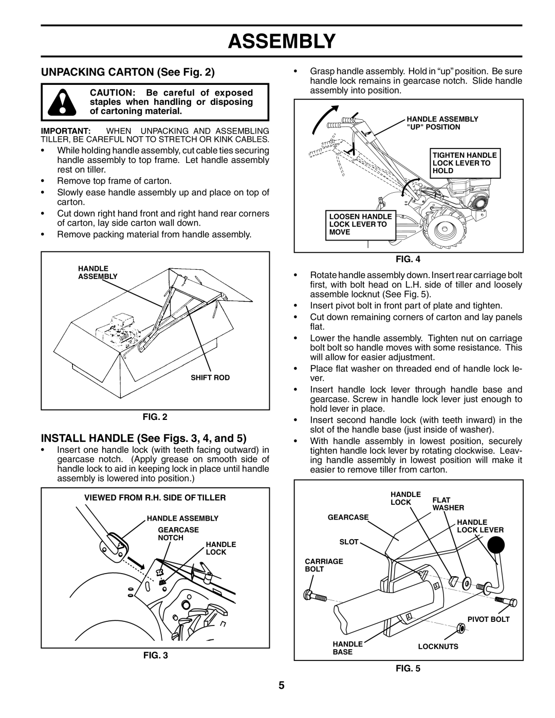 Poulan HDR500L owner manual Unpacking Carton See Fig, Install Handle See Figs , 4 