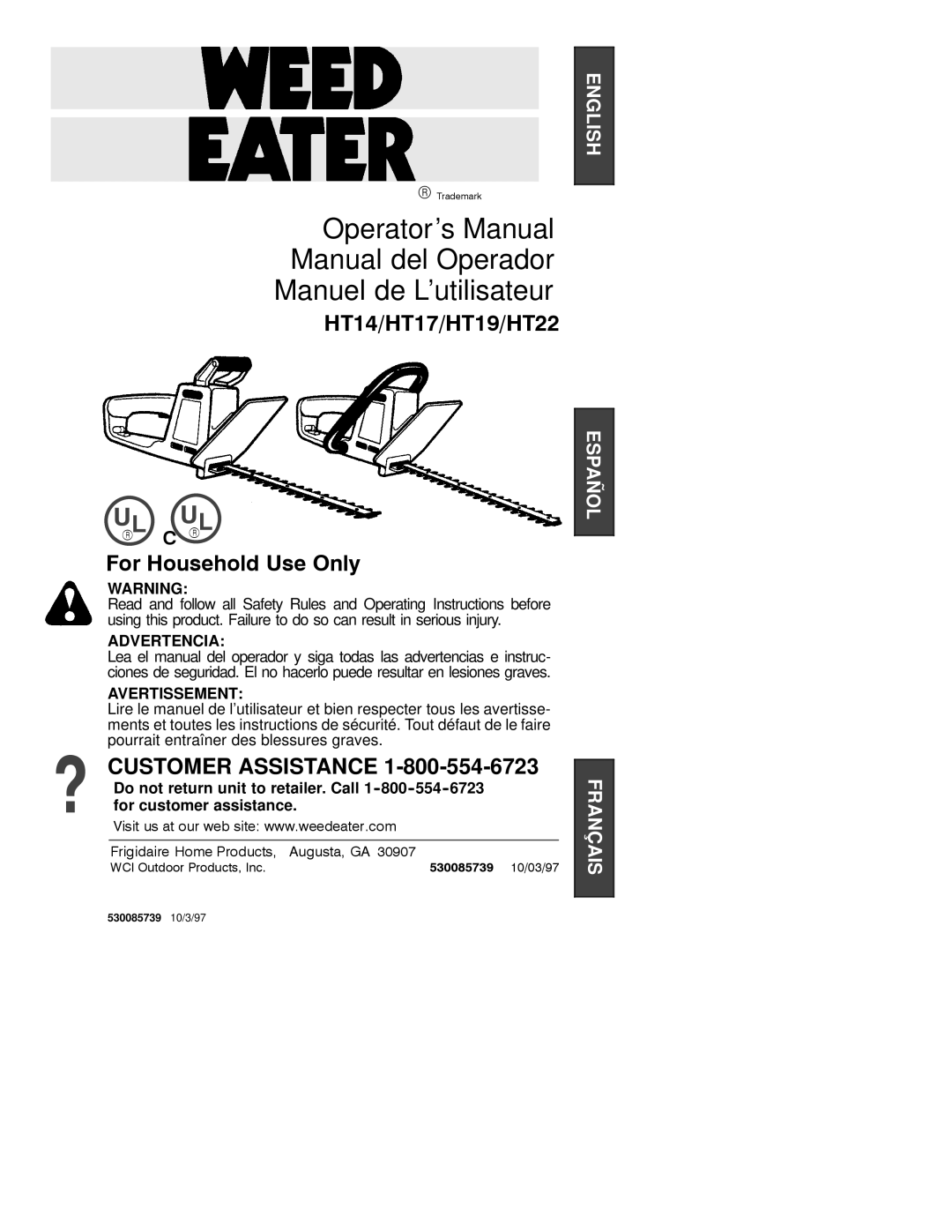 Poulan HT14, HT17, HT19, HT22 manual Advertencia, Avertissement 