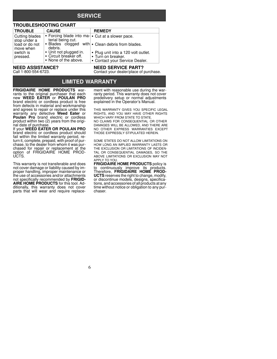 Poulan HT17 Troubleshooting Chart, Need ASSISTANCE? Need Service PART?, Trouble Cause Remedy, New Weed Eater or Poulan PRO 