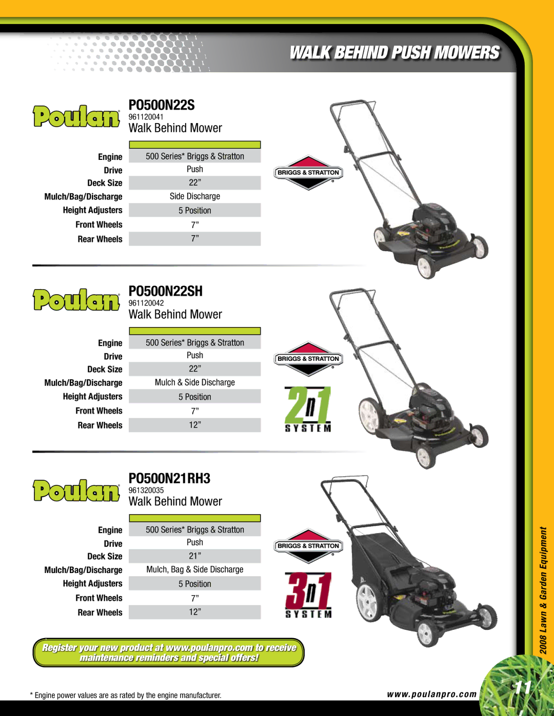 Poulan Lawn & Garden Tractor manual PO500N22SH, PO500N21RH3 