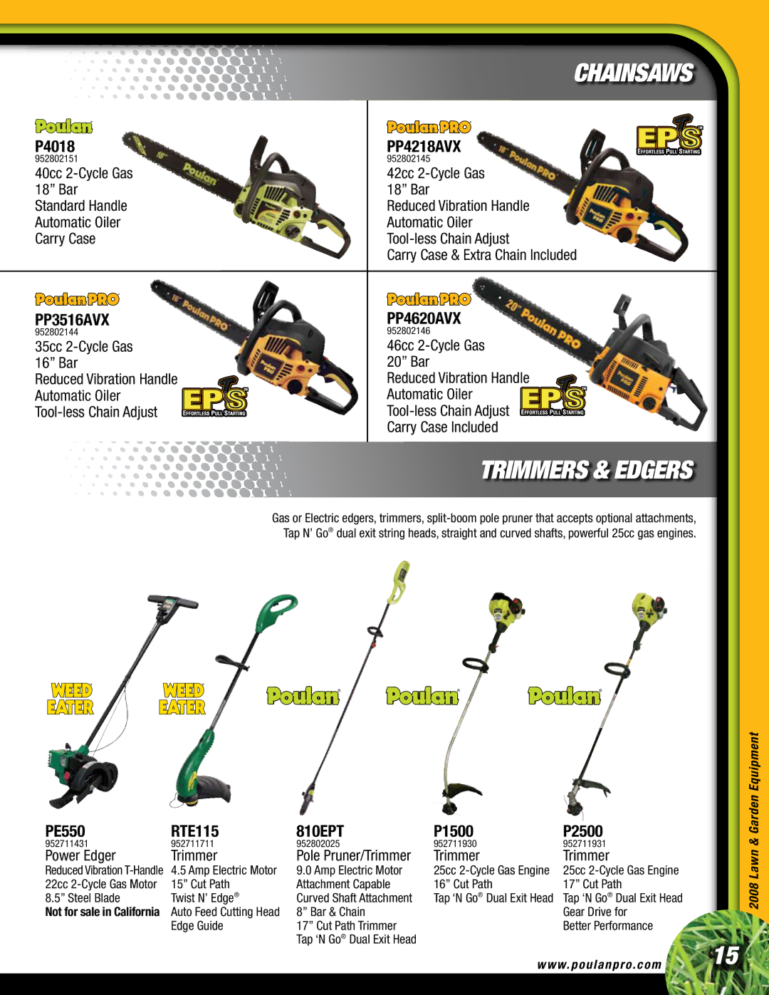 Poulan Lawn & Garden Tractor manual Chainsaws, Trimmers & Edgers, PP3516AVX, PP4218AVX, PP4620AVX 