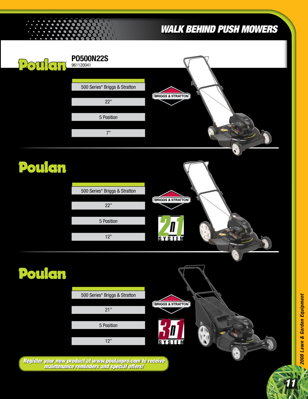 Poulan Lawn & Garden Tractor manual Walk Behind Push Mowers, PO500N22SH, PO500N21RH3, Walk Behind Mower, Engine, Drive 