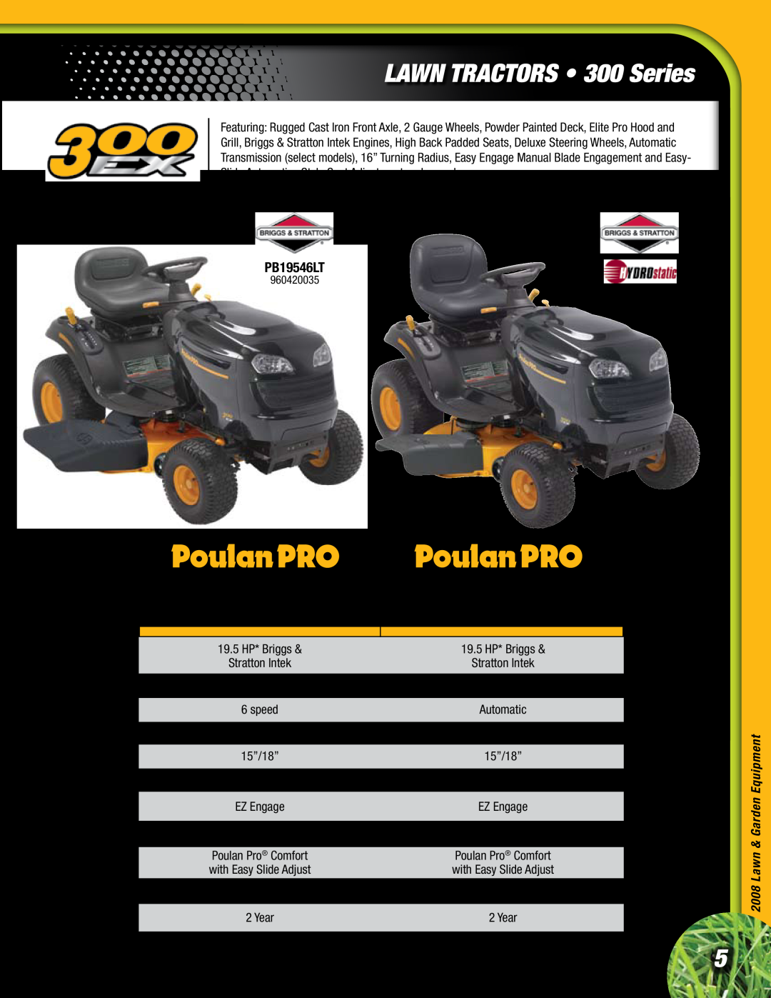 Poulan Lawn & Garden Tractor manual LAWN TRACTORS 300 Series, PB19546LT, PB195H42LT, Lawn Tractor, Warranty 
