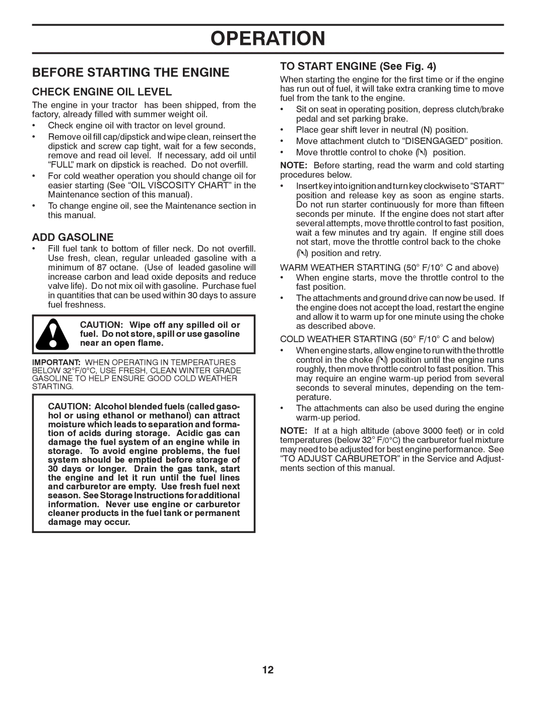 Poulan lawn tractor warranty Before Starting the Engine, Check Engine OIL Level, ADD Gasoline, To Start Engine See Fig 