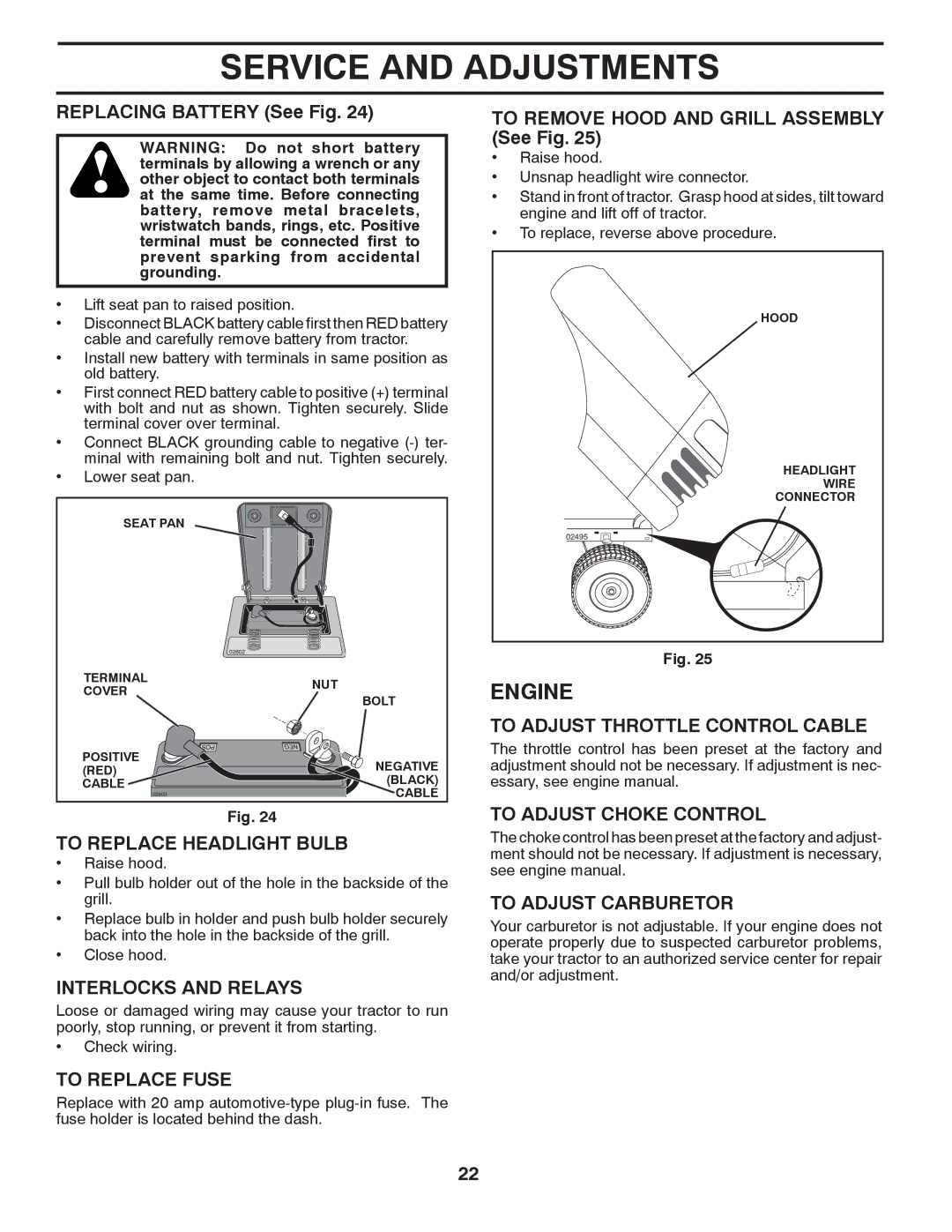 Poulan lawn tractor To Replace Headlight Bulb, Interlocks and Relays, To Replace Fuse, To Adjust Throttle Control Cable 