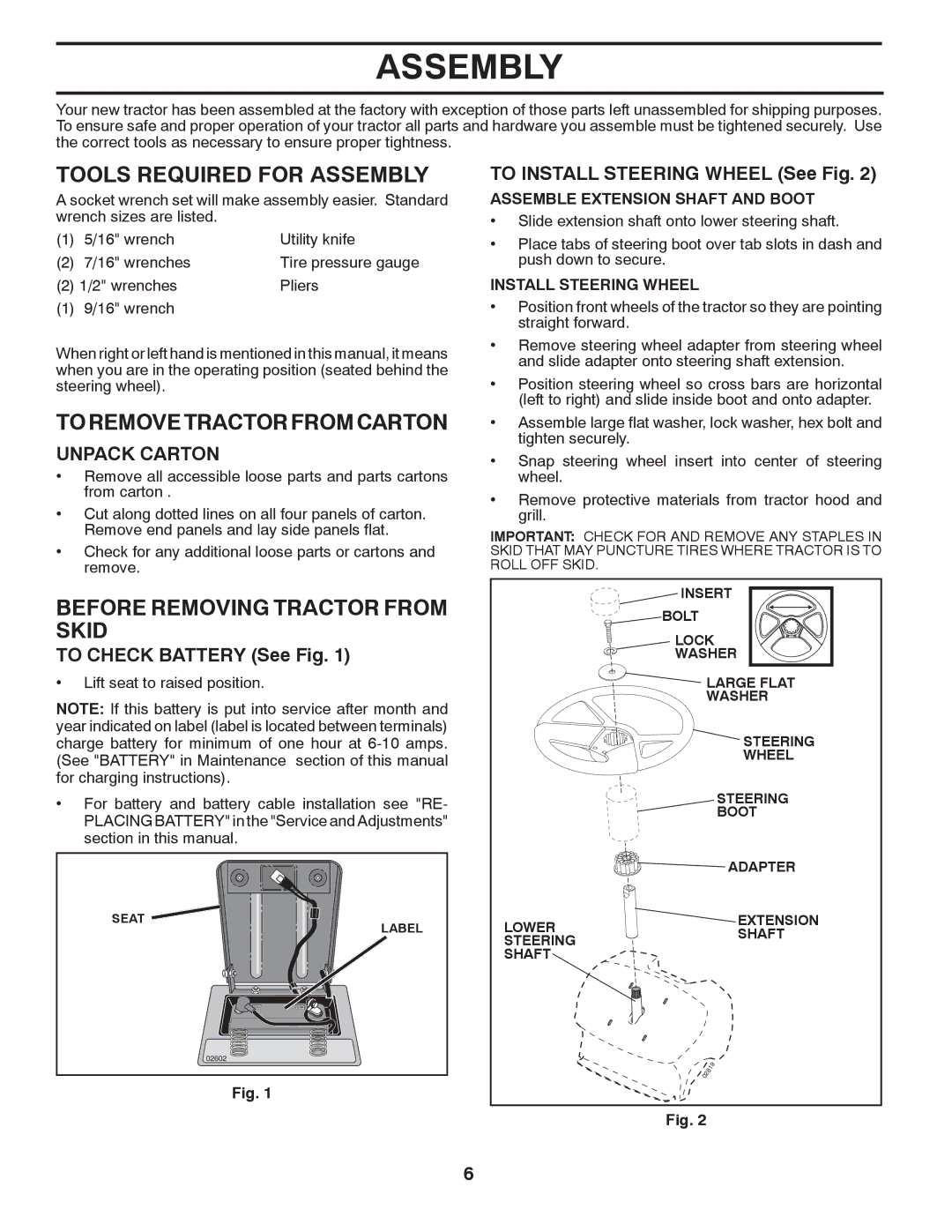 Poulan lawn tractor warranty Tools Required for Assembly, Toremovetractorfromcarton, Before Removing Tractor from Skid 