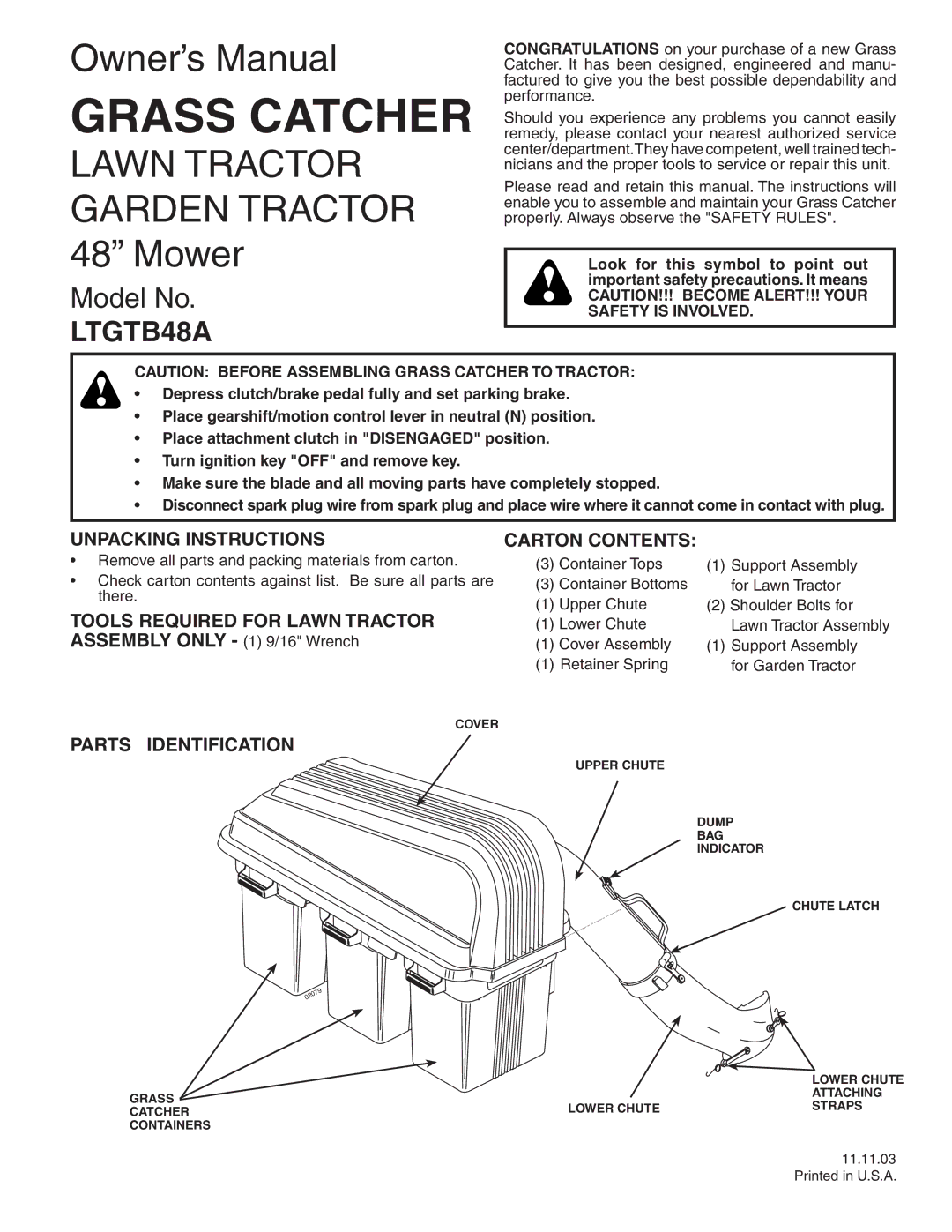 Poulan LTGTB48A owner manual Unpacking Instructions, Tools Required for Lawn Tractor, Carton Contents 