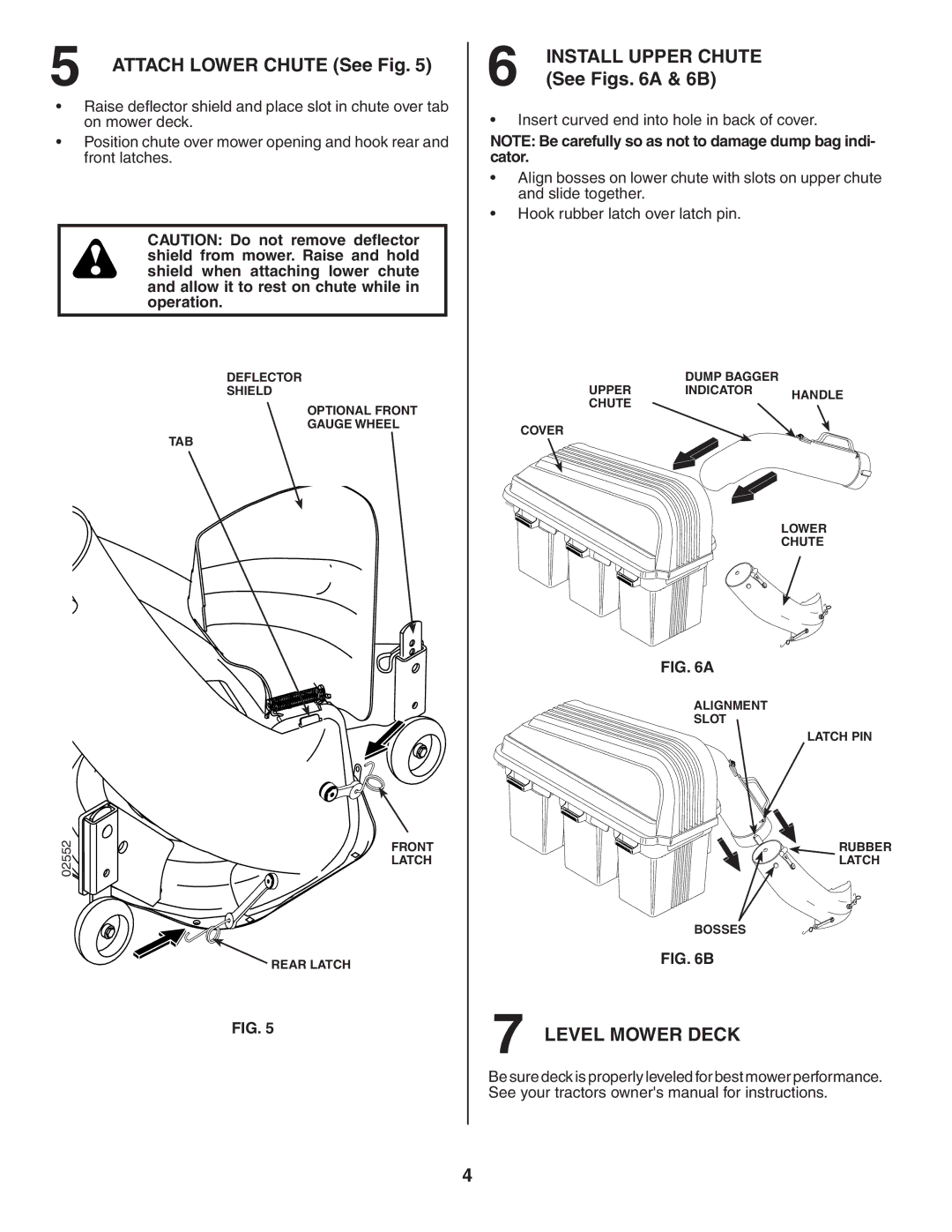 Poulan LTGTB48A owner manual Attach Lower Chute See Fig, See Figs a & 6B, Level Mower Deck 