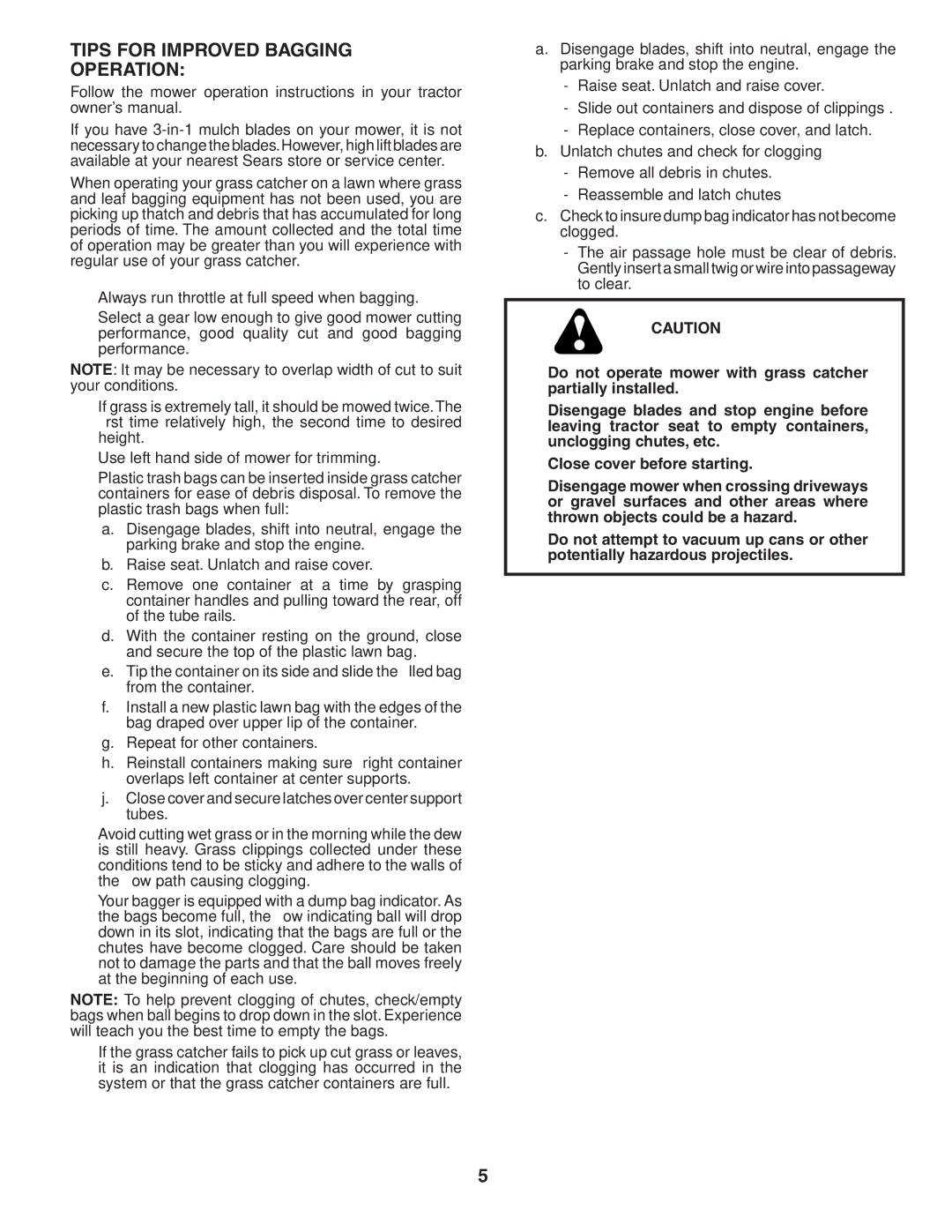 Poulan LTGTB48A owner manual Tips for Improved Bagging Operation 