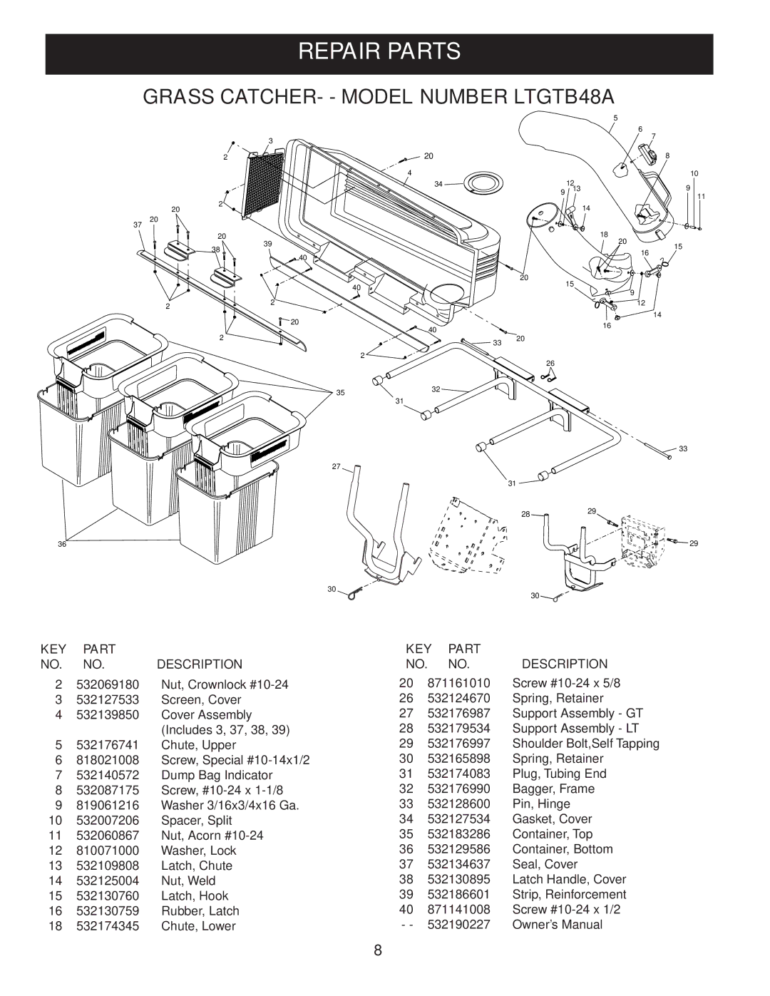 Poulan LTGTB48A owner manual Repair Parts, KEY Part Description 