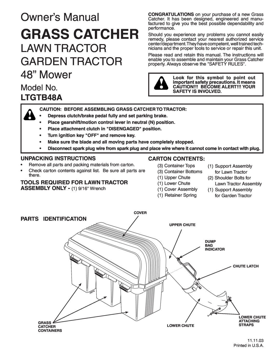 Poulan LTGTB48A owner manual Unpacking Instructions, Tools Required For Lawn Tractor, ASSEMBLY ONLY - 1 9/16 Wrench 