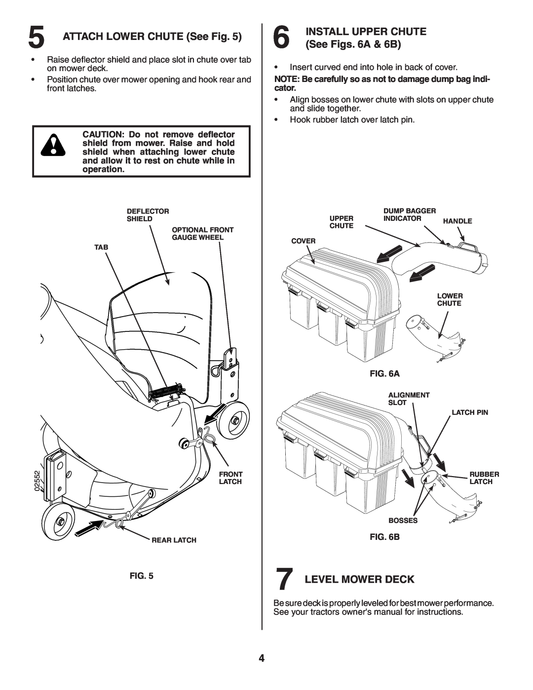 Poulan LTGTB48A owner manual ATTACH LOWER CHUTE See Fig, See Figs. 6A & 6B, Level Mower Deck, Install Upper Chute 
